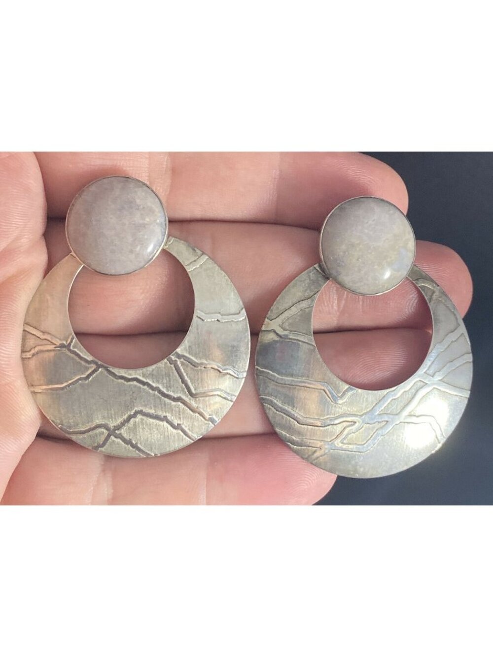 Vintage Sterling Silver Marbled Agate Hoop Earrings Etched Texture Post Dangle